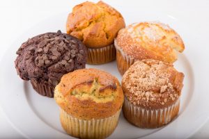 Tasty Pastry Muffins: 5 different types of muffins (includes lemon poppyseed & choc chip) on plate