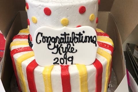 Two-tiered Stripe and Polka Dot Graduation Cake